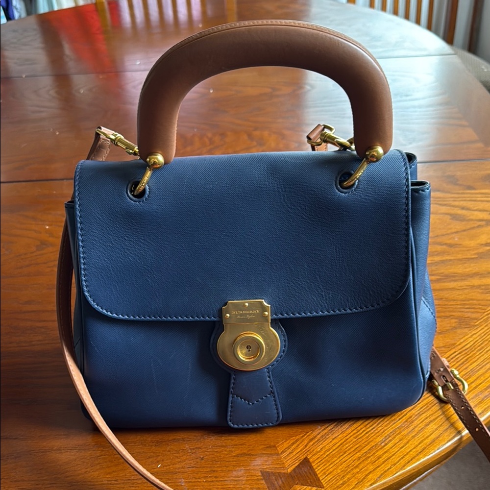 Blue and Brown Leather Satchel with Gold Clasp